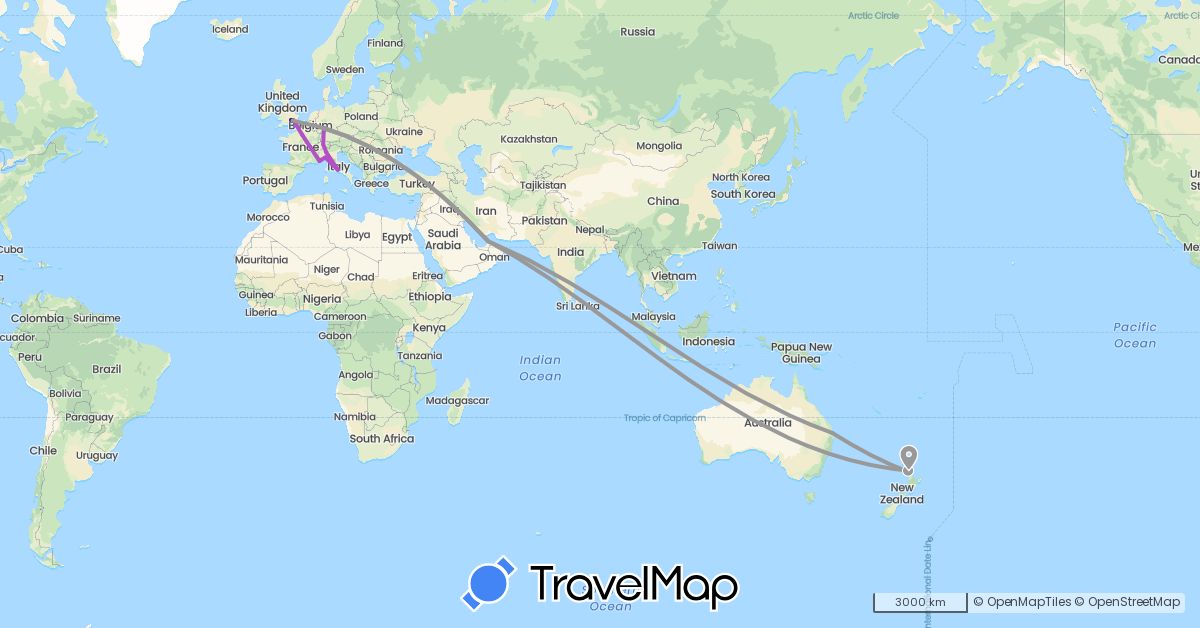 TravelMap itinerary: driving, plane, train in United Arab Emirates, Australia, Switzerland, Germany, France, United Kingdom, Italy, New Zealand (Asia, Europe, Oceania)